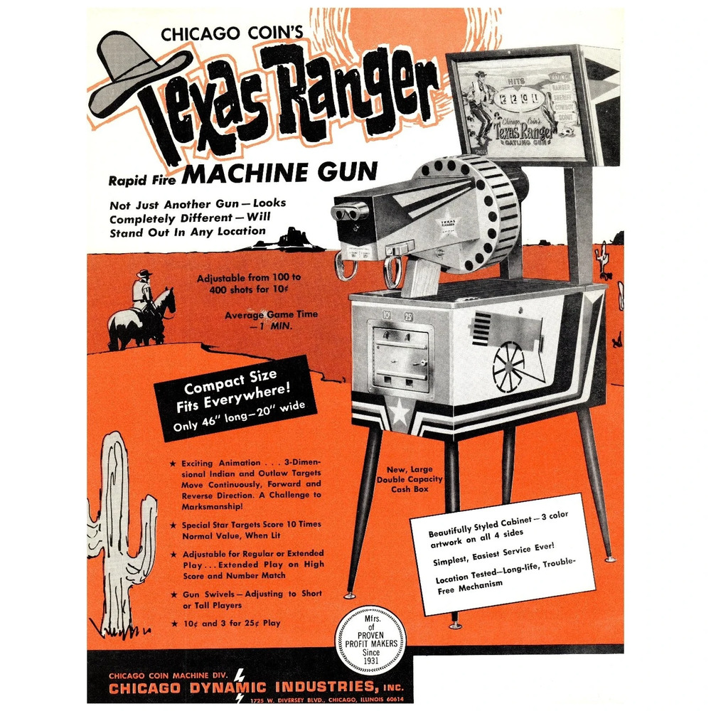 Vintage 1960s Chicago Coin Texas Ranger Machine Gun Arcade Flyer